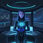 Eine Geschäftsfrau interagiert in einem modernen Frankfurter Büro mit einer holografischen 3D-Datenvisualisierung, die Sicherheit und intelligente Vernetzung im Finanzwesen symbolisiert.