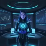 Eine Geschäftsfrau interagiert in einem modernen Frankfurter Büro mit einer holografischen 3D-Datenvisualisierung, die Sicherheit und intelligente Vernetzung im Finanzwesen symbolisiert.