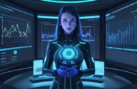 Eine Geschäftsfrau interagiert in einem modernen Frankfurter Büro mit einer holografischen 3D-Datenvisualisierung, die Sicherheit und intelligente Vernetzung im Finanzwesen symbolisiert.