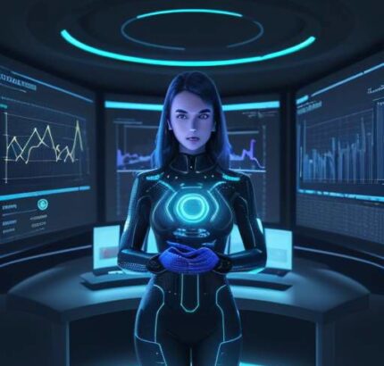 Eine Geschäftsfrau interagiert in einem modernen Frankfurter Büro mit einer holografischen 3D-Datenvisualisierung, die Sicherheit und intelligente Vernetzung im Finanzwesen symbolisiert.