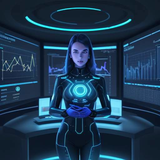 Eine Geschäftsfrau interagiert in einem modernen Frankfurter Büro mit einer holografischen 3D-Datenvisualisierung, die Sicherheit und intelligente Vernetzung im Finanzwesen symbolisiert.
