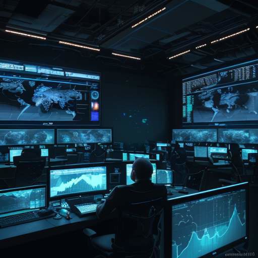 Eine Gruppe diverser Ingenieure in einem hochmodernen Kontrollzentrum überwacht Datenvisualisierungen und Code auf einer großen Wand aus Bildschirmen.