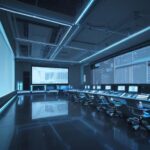 Eine Gruppe vielfältiger Wissenschaftler arbeitet in einem modernen High-Tech-Labor mit holografischen Datenanzeigen vor einer futuristischen Skyline bei Dämmerung.