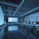 Eine Gruppe vielfältiger Wissenschaftler arbeitet in einem modernen High-Tech-Labor mit holografischen Datenanzeigen vor einer futuristischen Skyline bei Dämmerung.