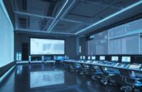 Eine Gruppe vielfältiger Wissenschaftler arbeitet in einem modernen High-Tech-Labor mit holografischen Datenanzeigen vor einer futuristischen Skyline bei Dämmerung.