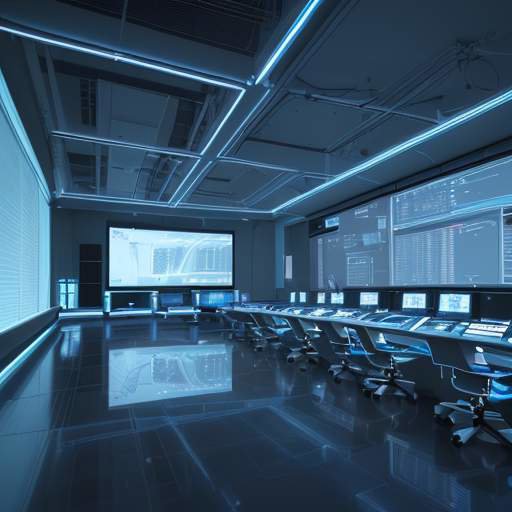 Eine Gruppe vielfältiger Wissenschaftler arbeitet in einem modernen High-Tech-Labor mit holografischen Datenanzeigen vor einer futuristischen Skyline bei Dämmerung.