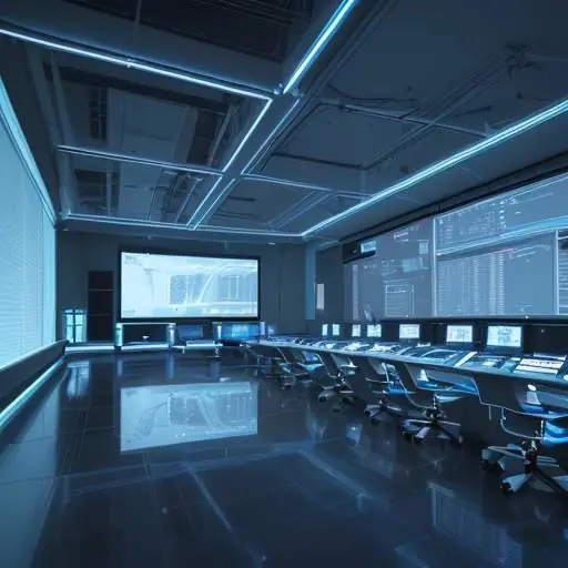 Eine Gruppe vielfältiger Wissenschaftler arbeitet in einem modernen High-Tech-Labor mit holografischen Datenanzeigen vor einer futuristischen Skyline bei Dämmerung.