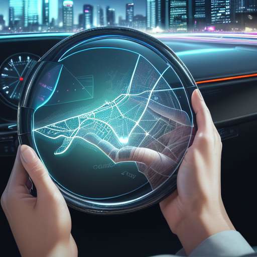 Eine Hand berührt einen futuristischen, transparenten Touchscreen in einem Auto, der eine leuchtende 3D-Karte mit digitalen Services vor einer verschwommenen Stadtlandschaft anzeigt.