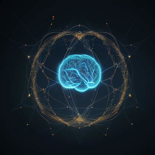Eine leuchtende, dreidimensionale neuronale Netzwerkstruktur in Form eines menschlichen Gehirns mit goldenen Lichtimpulsen vor einem dunklen Hintergrund mit mathematischen Formeln und chemischen Symbolen.