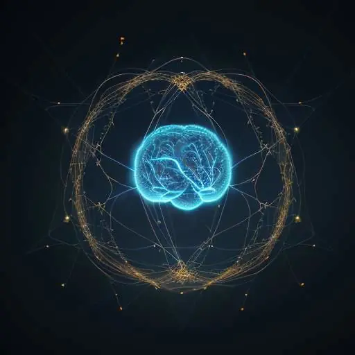 Eine leuchtende, dreidimensionale neuronale Netzwerkstruktur in Form eines menschlichen Gehirns mit goldenen Lichtimpulsen vor einem dunklen Hintergrund mit mathematischen Formeln und chemischen Symbolen.