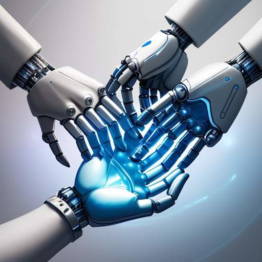 Eine menschliche Hand und eine Roboterhand aus Chrom und weißem Kunststoff mit leuchtenden Schaltkreisen strecken sich in einem Labor zueinander und symbolisieren die nahtlose Integration von Mensch und Technologie.