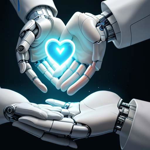 Eine menschliche Hand und eine Roboterhand berühren sich, während zwischen ihnen ein aus digitalen Partikeln bestehendes, leuchtendes Herzsymbol erscheint. Symbol für die Verbindung von Medizin und künstlicher Intelligenz.