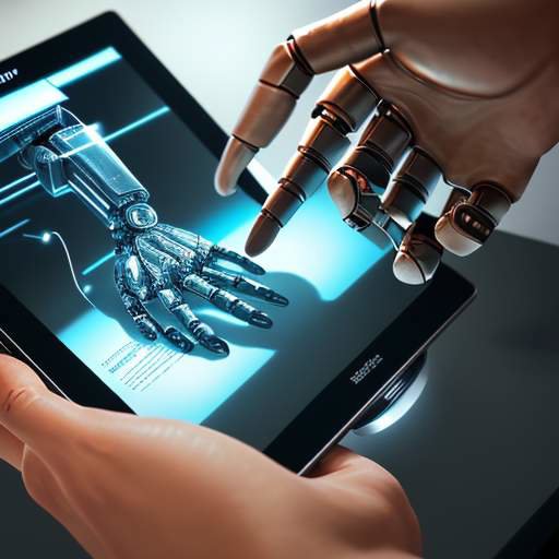 Eine menschliche Hand und eine Roboterhand berühren sich über einem leuchtenden Tablet, was die Zusammenarbeit zwischen Mensch und KI in der Medienlandschaft symbolisiert.