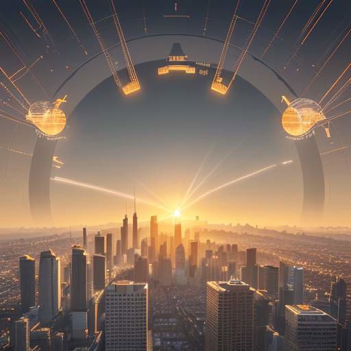 Eine moderne Skyline bei Sonnenaufgang mit einer leuchtenden digitalen Weltkugel, die globale Vernetzung und technologische Innovation im Finanzwesen symbolisiert.