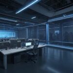Eine moderne Software-Entwicklungsstudio bei Nacht, in der ein diverses Team vor holografischen Code-Strukturen und leuchtenden Datenströmen arbeitet, was die Symbiose von KI und moderner Softwareentwicklung visualisiert.