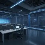 Eine moderne Software-Entwicklungsstudio bei Nacht, in der ein diverses Team vor holografischen Code-Strukturen und leuchtenden Datenströmen arbeitet, was die Symbiose von KI und moderner Softwareentwicklung visualisiert.