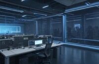 Eine moderne Software-Entwicklungsstudio bei Nacht, in der ein diverses Team vor holografischen Code-Strukturen und leuchtenden Datenströmen arbeitet, was die Symbiose von KI und moderner Softwareentwicklung visualisiert.