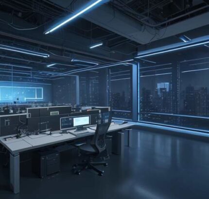 Eine moderne Software-Entwicklungsstudio bei Nacht, in der ein diverses Team vor holografischen Code-Strukturen und leuchtenden Datenströmen arbeitet, was die Symbiose von KI und moderner Softwareentwicklung visualisiert.