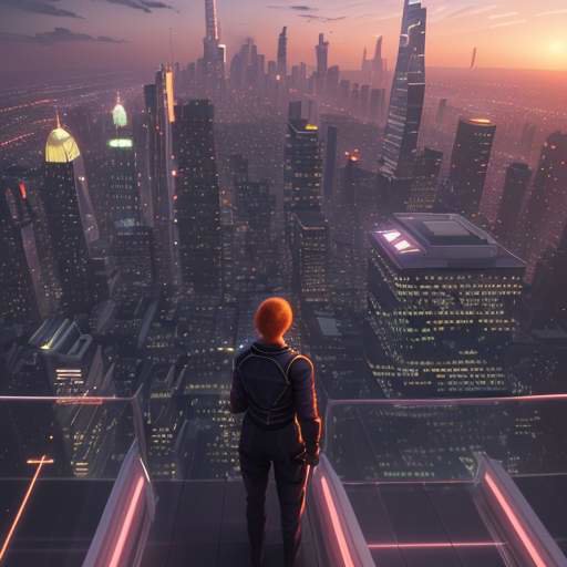 Eine Person auf einem Balkon betrachtet eine futuristische Skyline bei Sonnenuntergang, in der digitale Datenlinien die Gebäude verbinden und ein transparentes Tablet mit komplexen Code-Strukturen zeigt.