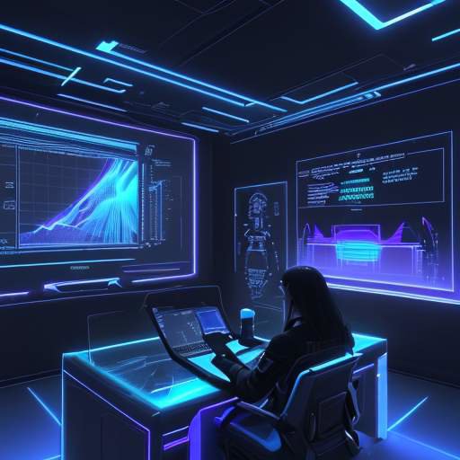 Eine Person bedient in einem futuristischen Kontrollzentrum ein großes, transparentes Display mit 3D-Datenvisualisierungen und komplexen Grafiken in einer modernen, technologisch anmutenden Atmosphäre.