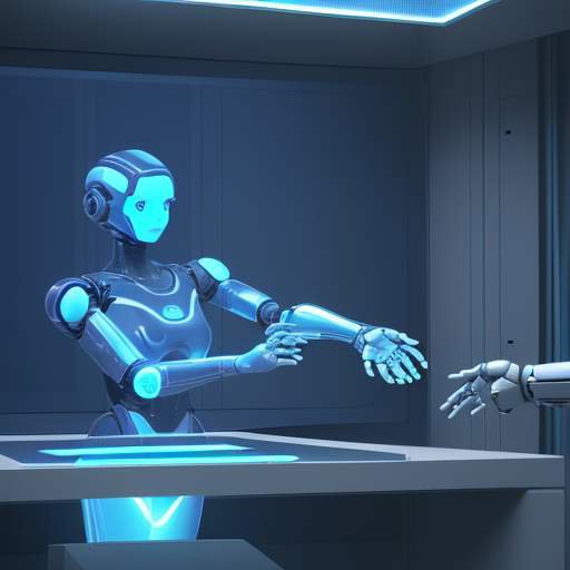 Eine Roboterarm und eine menschliche Hand greifen gemeinsam nach einem leuchtenden, holografischen 3D-Molekülmodell in einem futuristischen Labor.