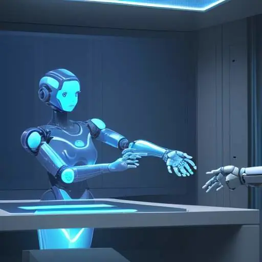 Eine Roboterarm und eine menschliche Hand greifen gemeinsam nach einem leuchtenden, holografischen 3D-Molekülmodell in einem futuristischen Labor.