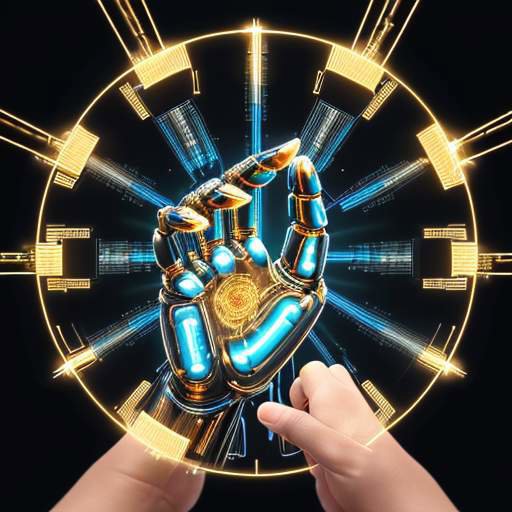 Eine Roboterarm und eine menschliche Hand interagieren mit einem leuchtenden Mikrochip in einem Hochtechnologie-Labor, was die Zusammenarbeit zwischen Mensch und KI sowie die Sicherheit von Hardware-Innovationen symbolisiert.