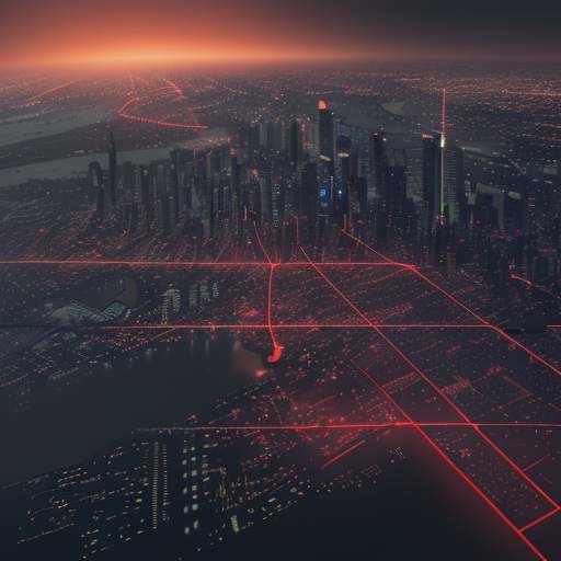 Eine stilisierte Skyline bei Dämmerung mit einem digitalen Datennetzwerk, in dem rote Bereiche Cyberangriffe auf die digitale Infrastruktur symbolisieren.