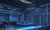 Futuristische Roboterarme montieren Hochtechnologie-Komponenten in einer automatisierten Fabrik mit Serverräumen im Hintergrund, die die Verbindung von KI und physischer Robotik visualisieren.