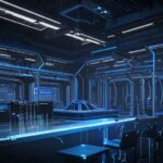 Futuristische Roboterarme montieren Hochtechnologie-Komponenten in einer automatisierten Fabrik mit Serverräumen im Hintergrund, die die Verbindung von KI und physischer Robotik visualisieren.