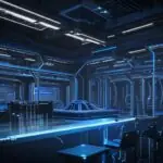 Futuristische Roboterarme montieren Hochtechnologie-Komponenten in einer automatisierten Fabrik mit Serverräumen im Hintergrund, die die Verbindung von KI und physischer Robotik visualisieren.