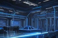 Futuristische Roboterarme montieren Hochtechnologie-Komponenten in einer automatisierten Fabrik mit Serverräumen im Hintergrund, die die Verbindung von KI und physischer Robotik visualisieren.