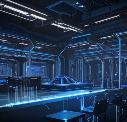Futuristische Roboterarme montieren Hochtechnologie-Komponenten in einer automatisierten Fabrik mit Serverräumen im Hintergrund, die die Verbindung von KI und physischer Robotik visualisieren.