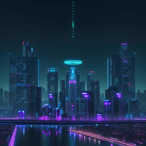 Futuristische Skyline bei Nacht mit leuchtenden Neonlichtern und Hologrammen, wobei zwei große Glasgebäude über einem digitalen Fluss die technologische Spaltung visualisieren.
