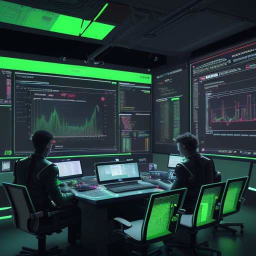 Futuristisches Kontrollzentrum mit holografischen Bildschirmen, die Software-Daten und Code visualisieren, während eine diverse Gruppe von Ingenieuren die Echtzeit-Analysen überwacht.