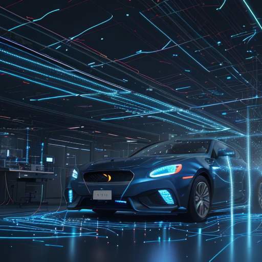 Ingenieure testen eine Sensor-Array-Hardware in einem High-Tech-Labor mit leuchtenden Glasfaserkabeln und visuellen Datenströmen als Symbol für die Verbindung von Hardware und Software.