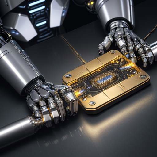 Makroaufnahme eines hochmodernen Mikrochips mit goldenen Schaltkreisen, der in ein Roboterglied aus gebürstetem Aluminium und Carbonfaser integriert ist.