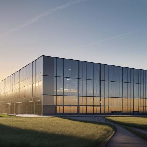 Ein modernes, futuristisches Rechenzentrum aus Glas und Stahl in einer ländlichen deutschen Landschaft bei Sonnenuntergang, das die Verbindung von Hochtechnologie und regionaler Stabilität symbolisiert.