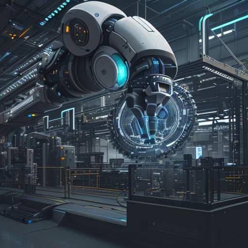 Nahaufnahme einer hochmodernen Fertigungsstraße mit Roboterarmen, die Komponenten präzise montieren, ergänzt durch holografische Datenspalten und Zahnrad-Symbole in einer kühlen, industriellen Atmosphäre.