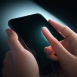 Nahaufnahme eines Fingers, der eine leuchtende Smartphone-Oberfläche berührt, wobei die Interaktion zwischen Haut und Glas durch eine Lichtwelle hervorgehoben wird.