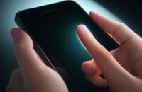 Nahaufnahme eines Fingers, der eine leuchtende Smartphone-Oberfläche berührt, wobei die Interaktion zwischen Haut und Glas durch eine Lichtwelle hervorgehoben wird.