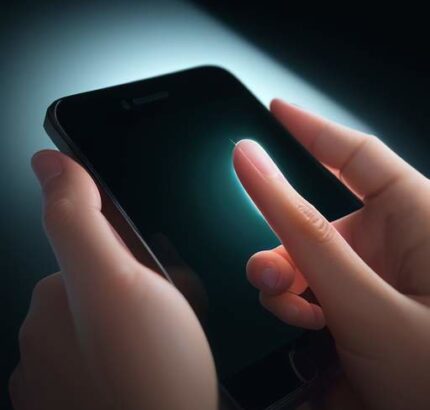 Nahaufnahme eines Fingers, der eine leuchtende Smartphone-Oberfläche berührt, wobei die Interaktion zwischen Haut und Glas durch eine Lichtwelle hervorgehoben wird.