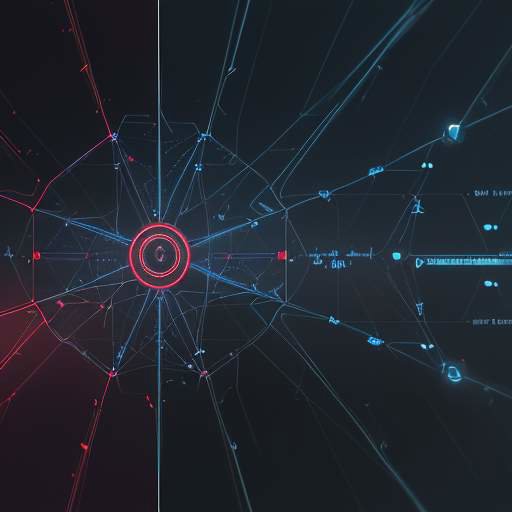 Nahaufnahme eines futuristischen Computerbildschirms, der ein komplexes Netzwerk aus vernetzten Knoten und neuronalen Netzen zeigt, wobei ein rotes Warnsymbol eine Sicherheitslücke visualisiert.