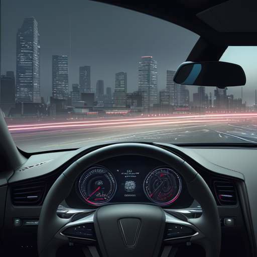 Nahaufnahme eines futuristischen Fahrzeugcockpits mit einem digitalen Display, das komplexe 3D-Karten und KI-gesteuerte Navigationspfade in einer modernen Stadt zeigt.
