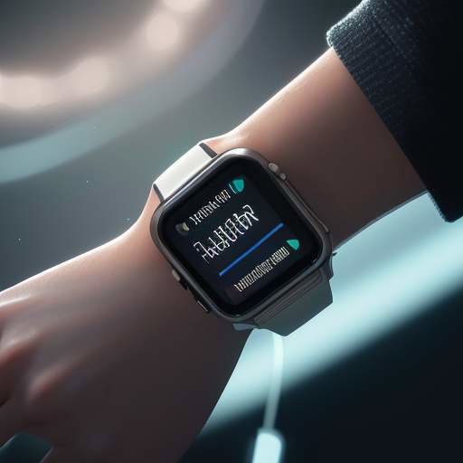 Nahaufnahme eines Handgelenks mit einer modernen Smartwatch, die eine holografische Anzeige eines stabilen Herzfrequenz-Diagramms über einer nächtlichen Stadtlandschaft anzeigt.