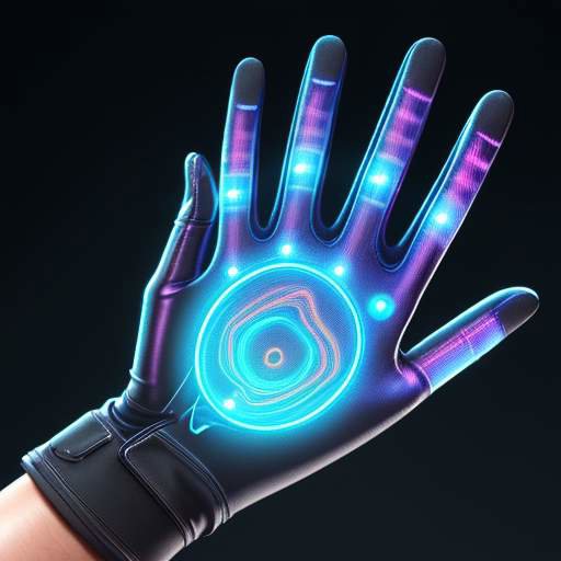 Nahaufnahme eines High-Tech-Handschuhs mit leuchtenden Fasern und Sensoren, der eine holografische Benutzeroberfläche in einem modernen Labor steuert.