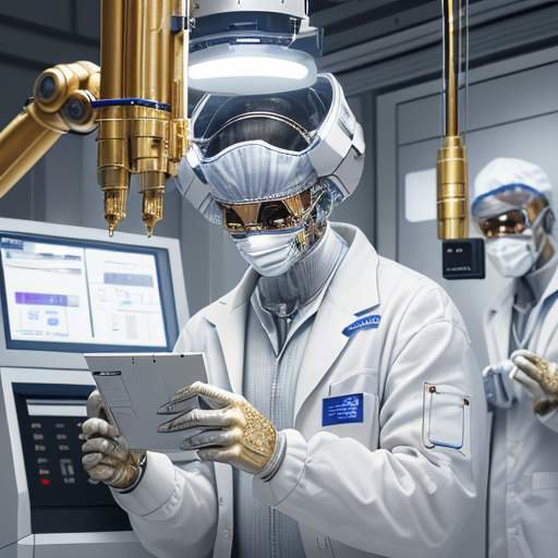 Nahaufnahme eines hochmodernen Mikrochips mit goldenen Leiterbahnen in einer sterilen Fertigungsanlage mit Roboterarmen und Technikern im Hintergrund.