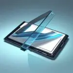Nahaufnahme eines hochwertigen, faltbaren Smartphones mit Titangehäuse und einem leuchtenden Display in einer minimalistischen High-Tech-Umgebung.
