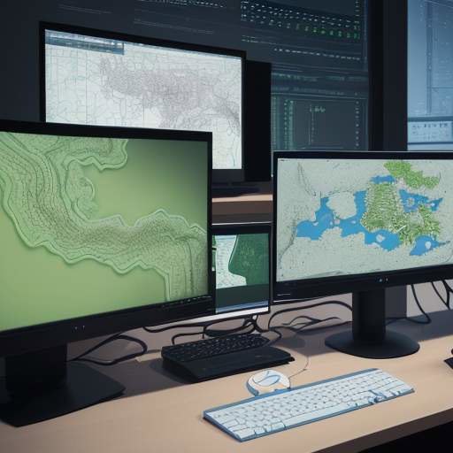 Nahaufnahme eines modernen Workstations mit drei Monitoren, die eine 3D-Architekturkarte, KI-generierten Code und einen Team-Chat zeigen, ergänzt durch eine Tasse Kaffee und eine mechanische Tastatur.