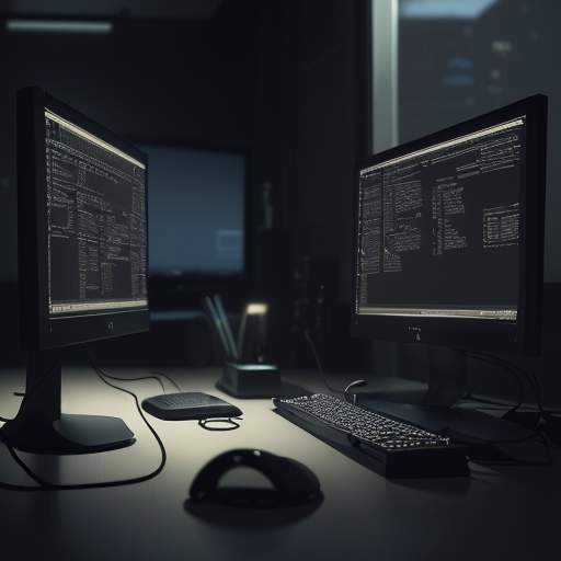 Nahaufnahme eines Monitors mit einem dunklen Code-Editor, in dem eine KI-Assistenten-Funktion durch goldenes Leuchten hervorgehoben wird, vor einer modernen Bürolandschaft.